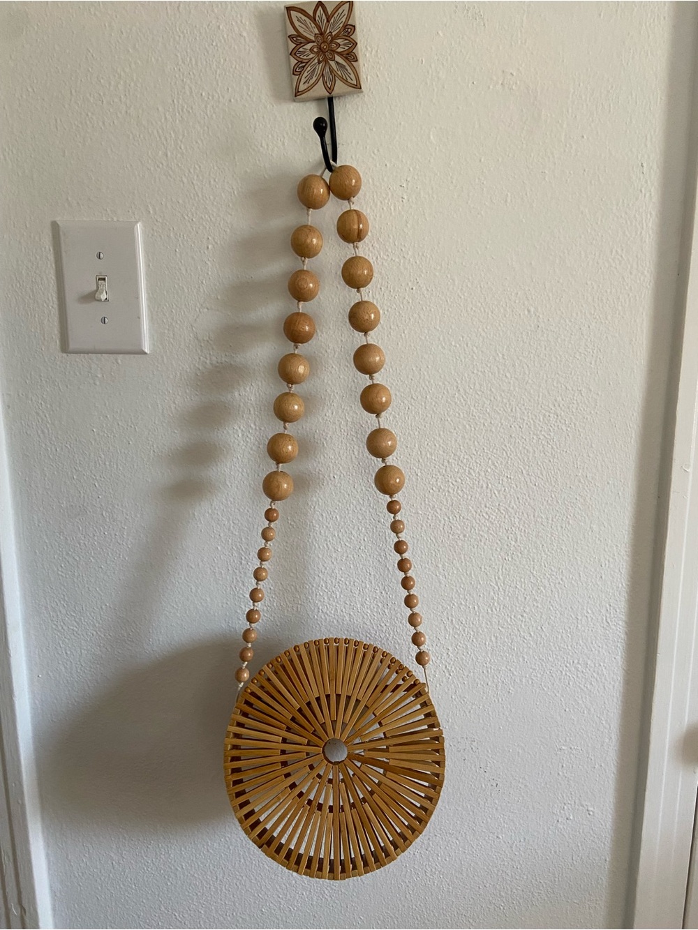 Round Wooden Bead Crossbody Bag - Honey Tan